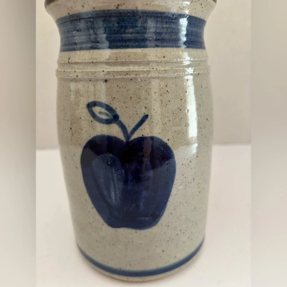 Vintage Mark Essig Signed Blue Apple Stoneware Vase/Utensil Holder 7